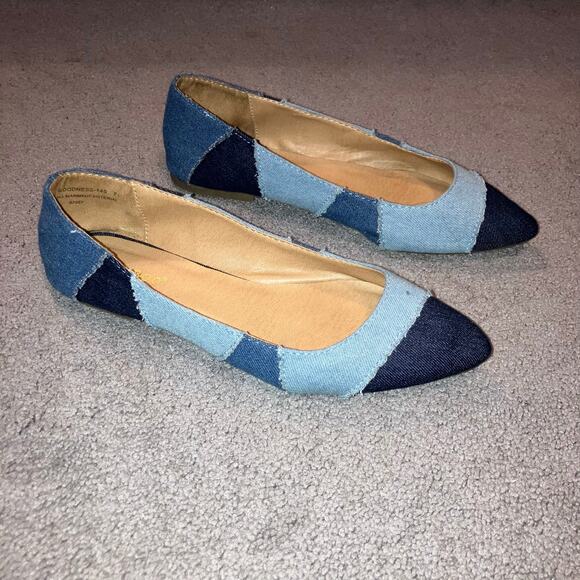 Blue denim patchwork flats, fairycore boho chic hippie Y2K bohemian indie - Picture 1 of 8